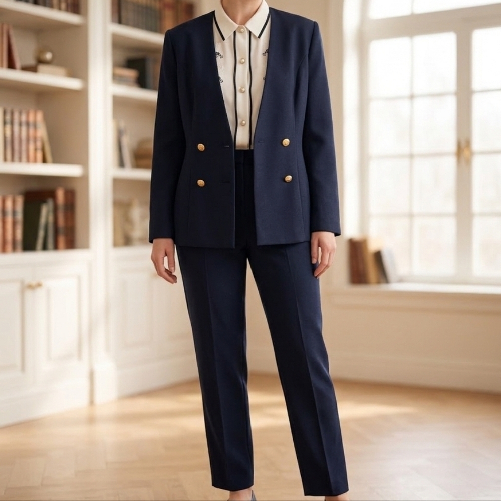 Vintage Jessica Pant Suit Set Navy Blue Gold Buttons Size 12